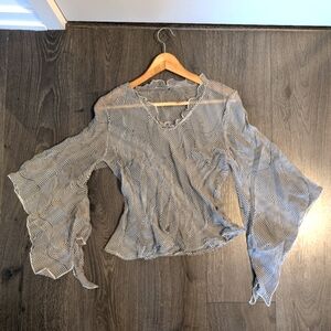 Y2K 100% Silk Sheer Black White Striped Blouse With Ruffles Butterfly Sleeves
